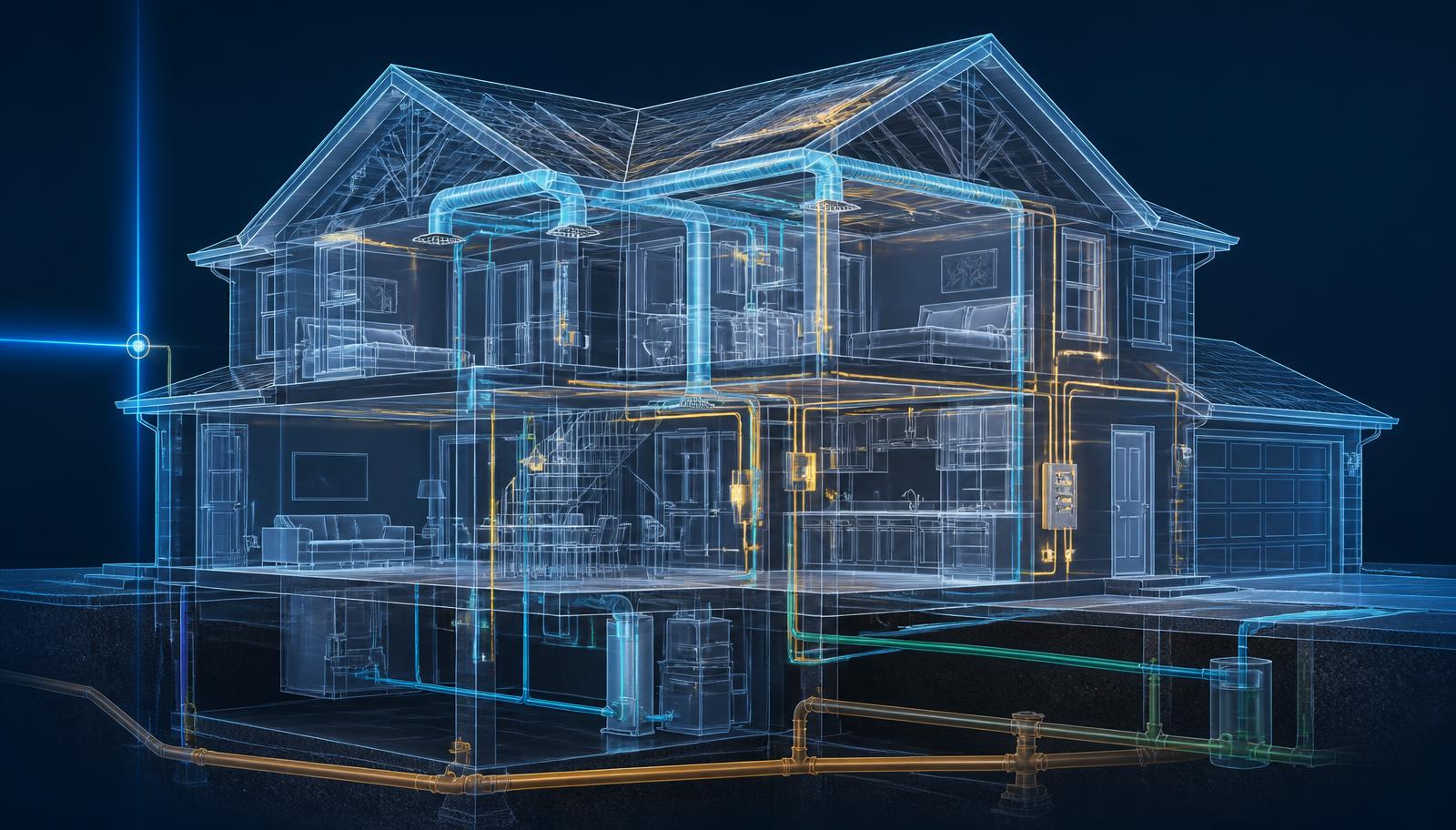 An X-Raye view of a house revealing its heating, plumbing, roofing, and electrical systems